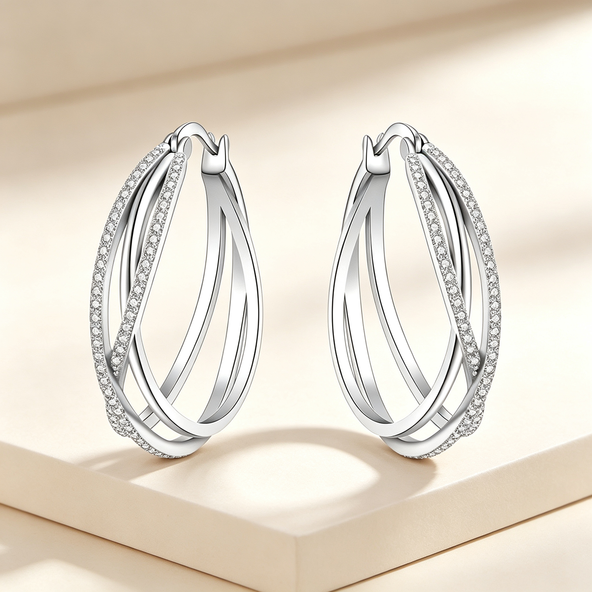 Silver Crossover CZ Hoop Earrings