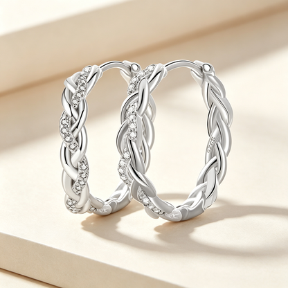 Silver Braided CZ Hoop Earrings