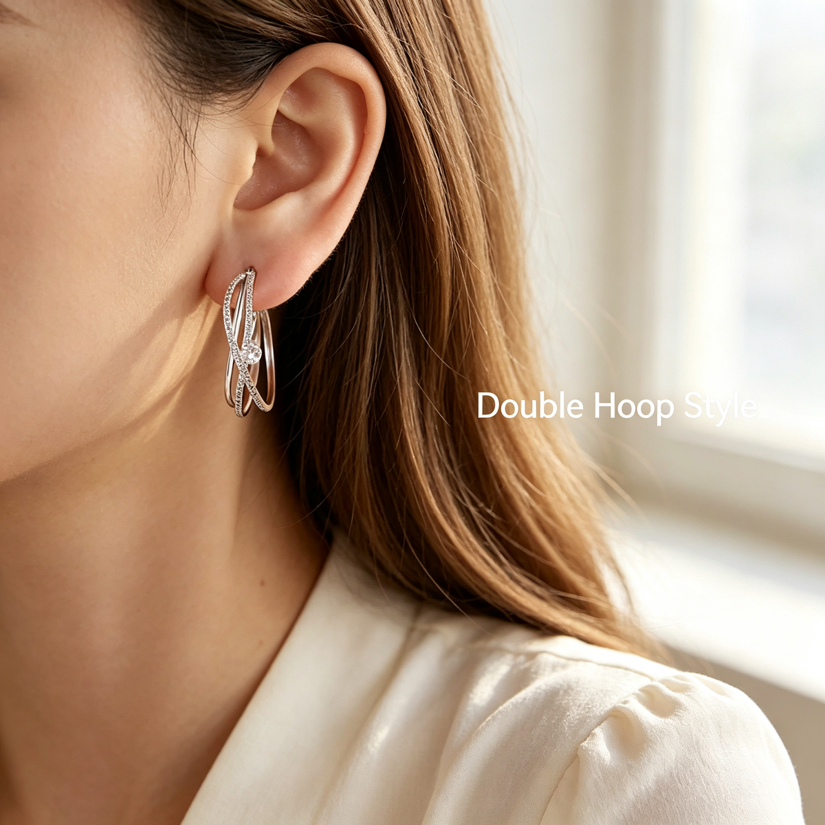 Silver Crossover CZ Hoop Earrings